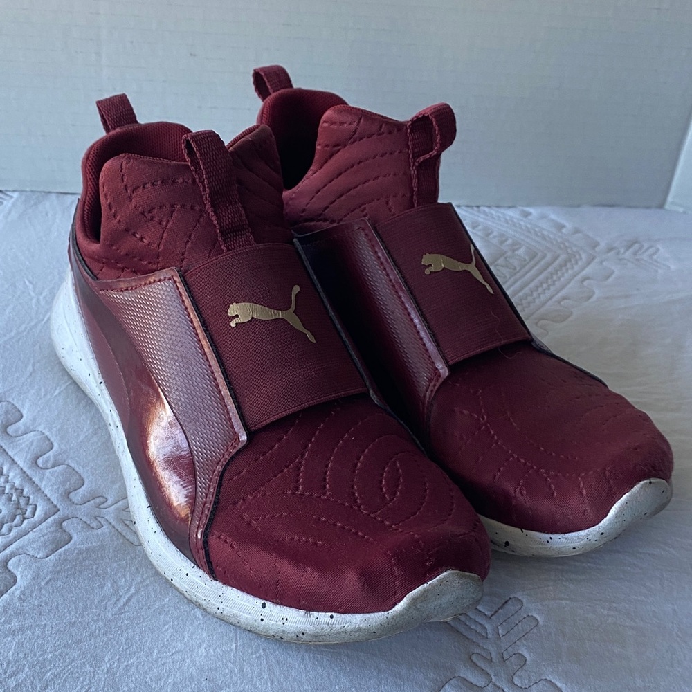 Puma Burgundy Slip-On Shoes with Gold Logo